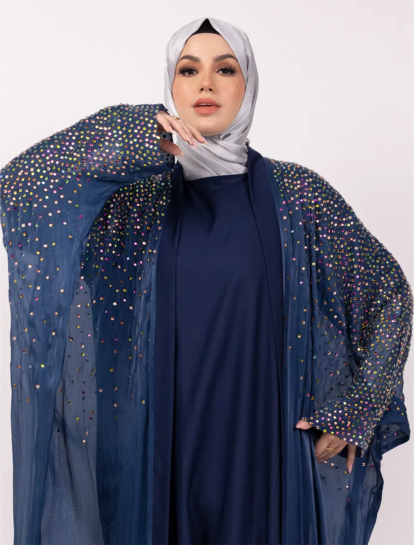 Navy Multi Crystal Embellished Sheer Overlay Abaya